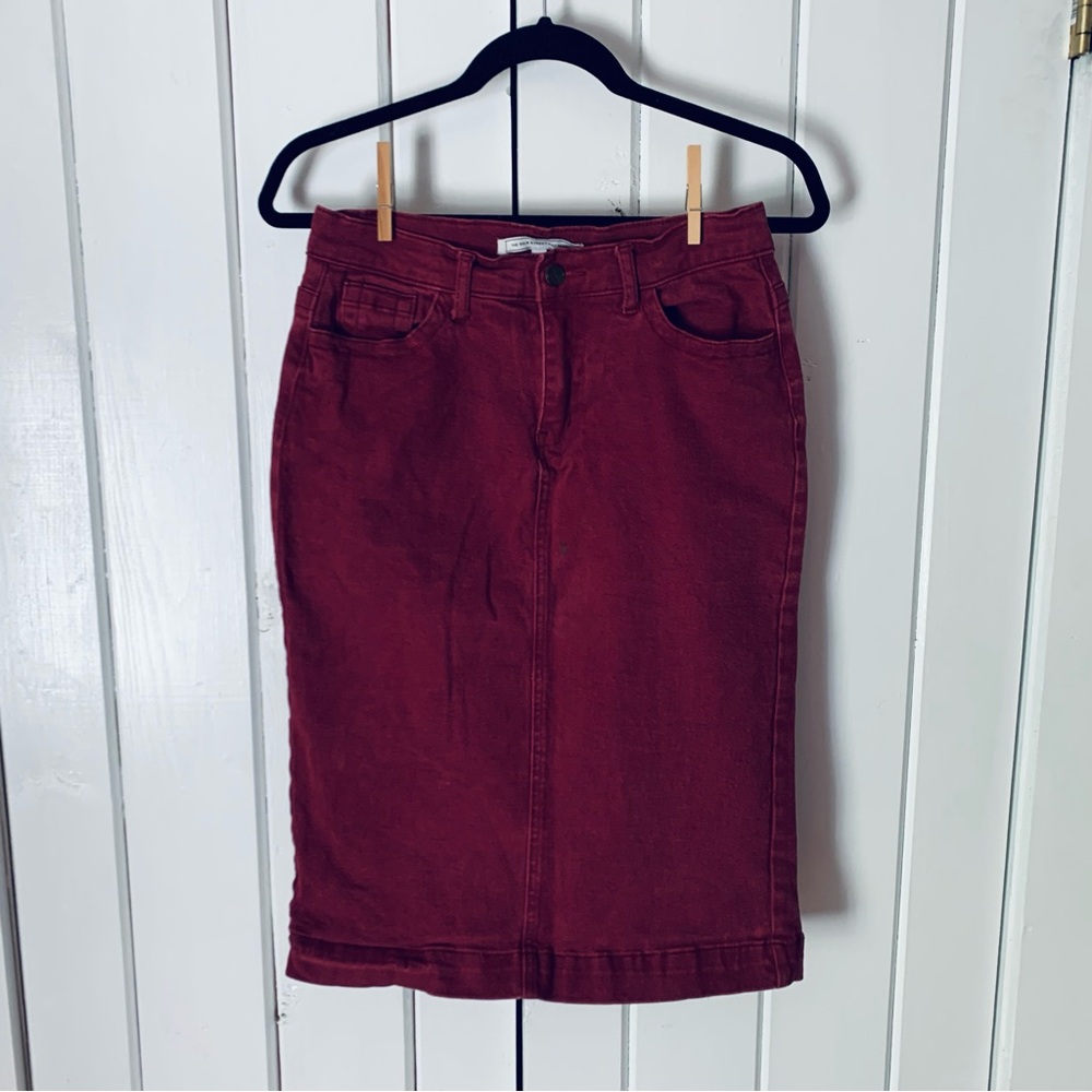 Burgundy Denim Midi Skirt Fall Skirt